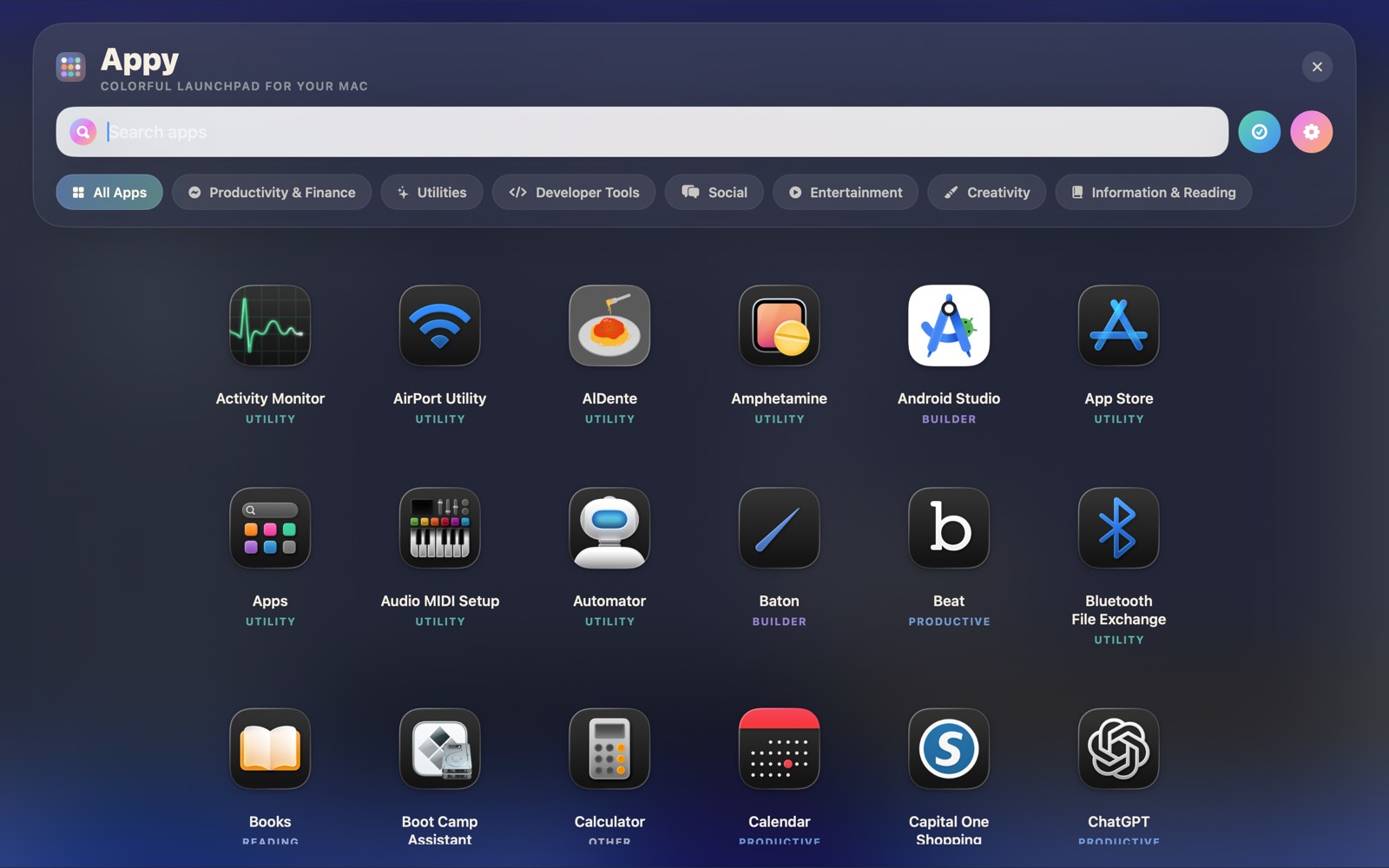 Appy showing Mac apps in a colorful launcher