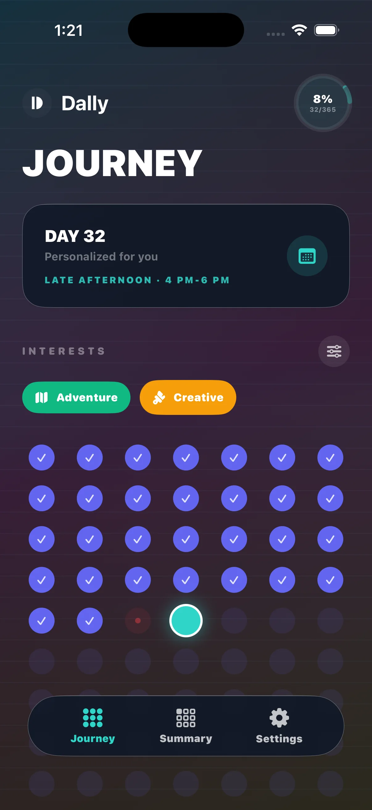 Dally 365 journey showing a daily activity grid